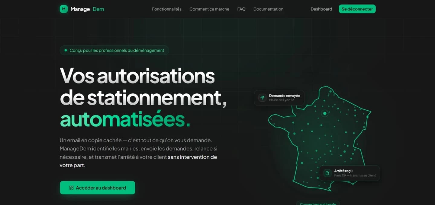 Page d'accueil de ManageDem : le titre « Vos autorisations de stationnement, automatisées » et une carte de France semée de points.