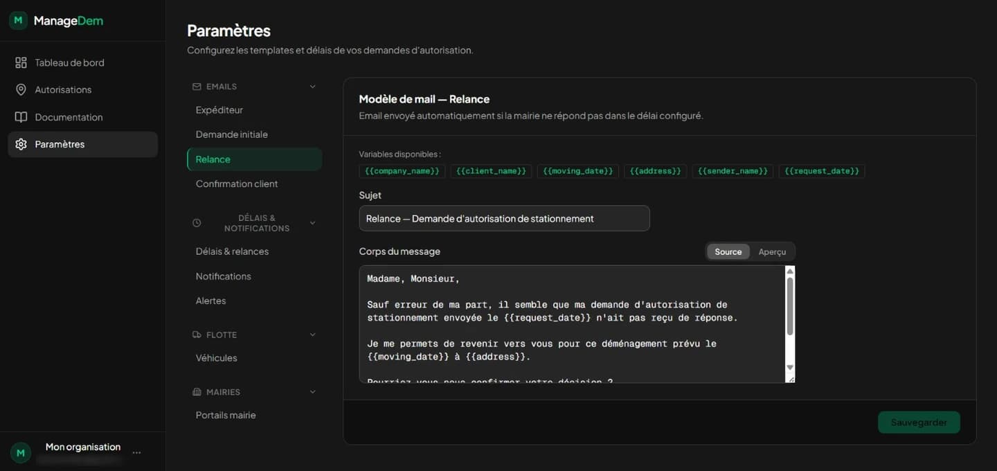 Réglages de ManageDem : l'éditeur du modèle de mail de relance, avec son objet et les variables disponibles.